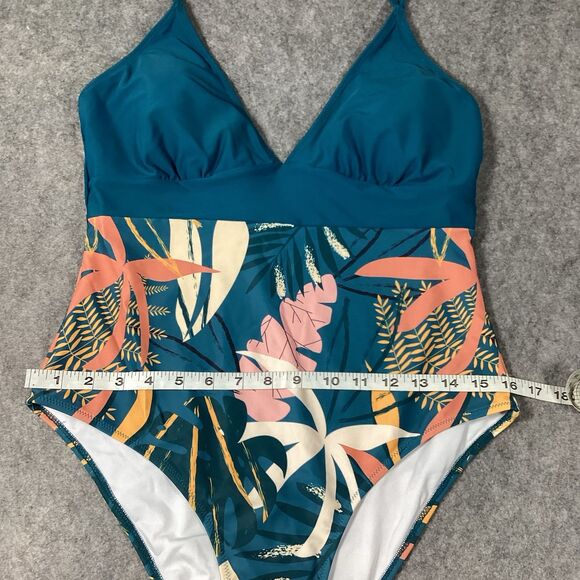 Womens Popvil Floral Print Patchwork Green One Piece Swim Suit Size XL - Picture 6 of 13